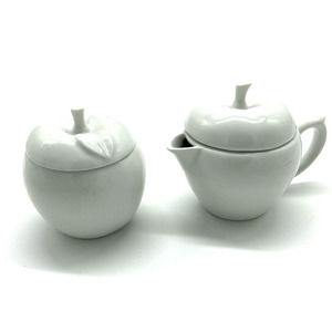 Vintage Apple Sugar and Creamer Set with Lids White Porcelain Avon